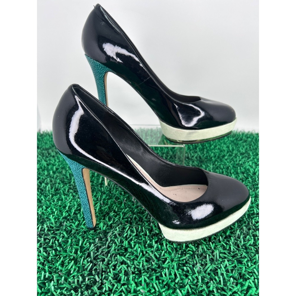 Vince Camuto Black Patent‎ Platform Heels 7.5 Teal Textured Stiletto